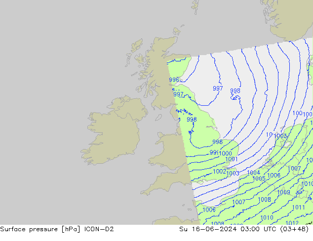 Luchtdruk (Grond) ICON-D2 zo 16.06.2024 03 UTC