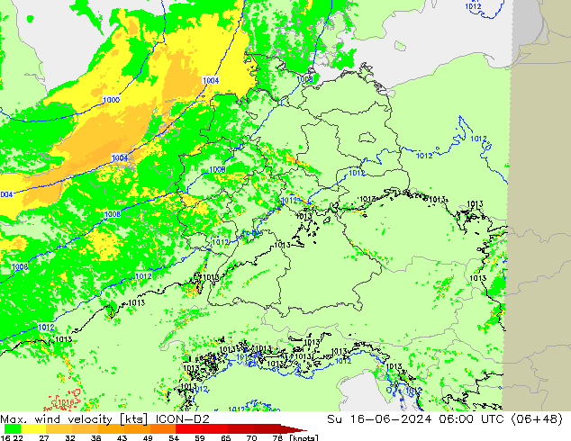 Max. wind velocity ICON-D2 Вс 16.06.2024 06 UTC