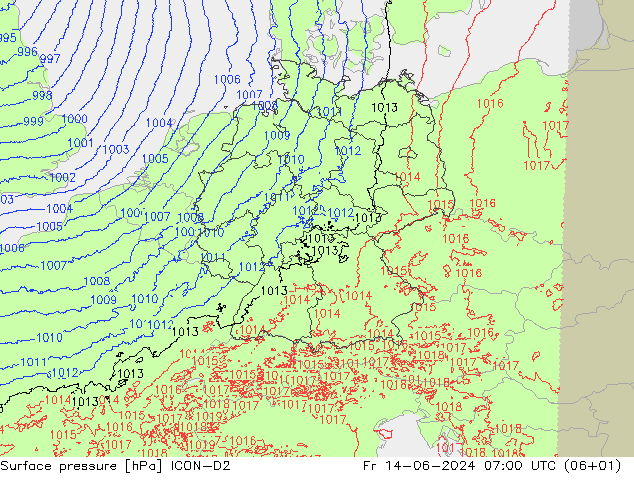 Presión superficial ICON-D2 vie 14.06.2024 07 UTC