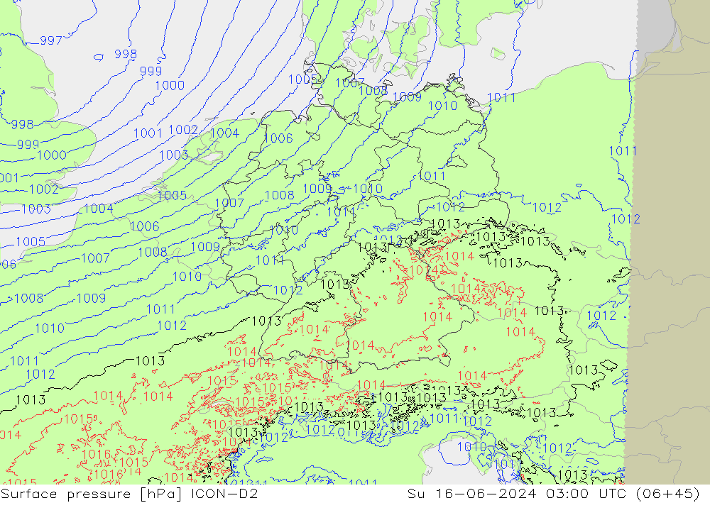 Surface pressure ICON-D2 Su 16.06.2024 03 UTC