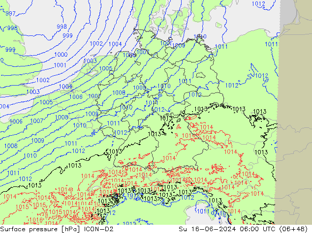 Surface pressure ICON-D2 Su 16.06.2024 06 UTC