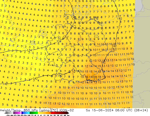 Height/Temp. 850 hPa ICON-D2 so. 15.06.2024 06 UTC