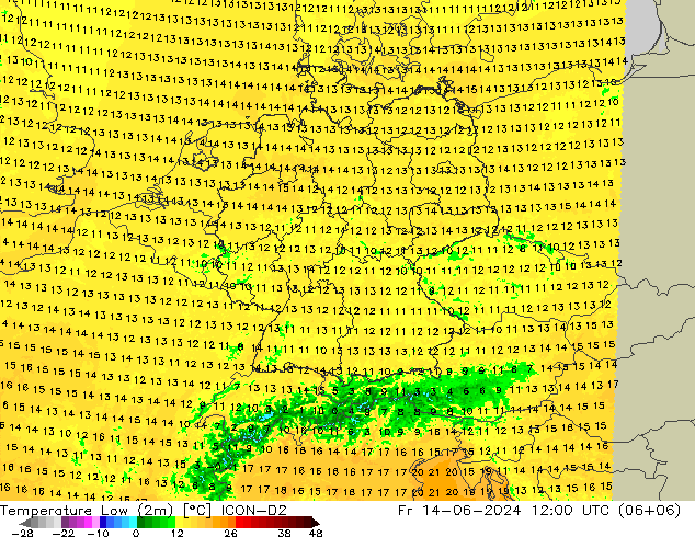 Temperature Low (2m) ICON-D2 Fr 14.06.2024 12 UTC