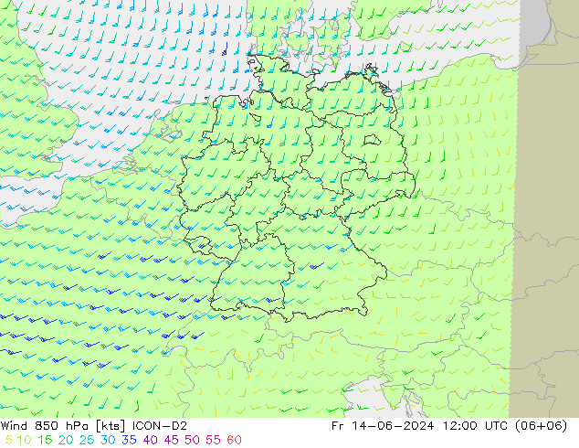 Wind 850 hPa ICON-D2 Fr 14.06.2024 12 UTC