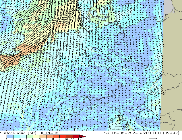 Rüzgar 10 m (bft) ICON-D2 Paz 16.06.2024 03 UTC