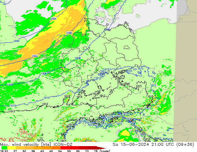 Max. wind velocity ICON-D2 So 15.06.2024 21 UTC