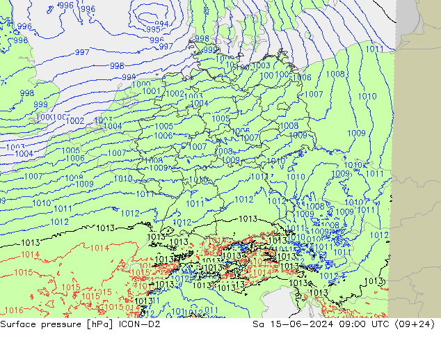 Presión superficial ICON-D2 sáb 15.06.2024 09 UTC