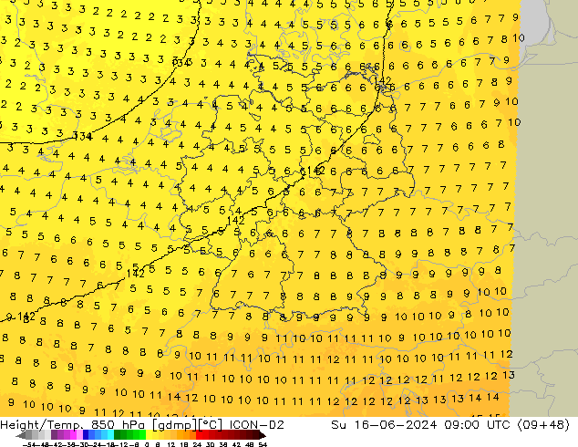 Hoogte/Temp. 850 hPa ICON-D2 zo 16.06.2024 09 UTC