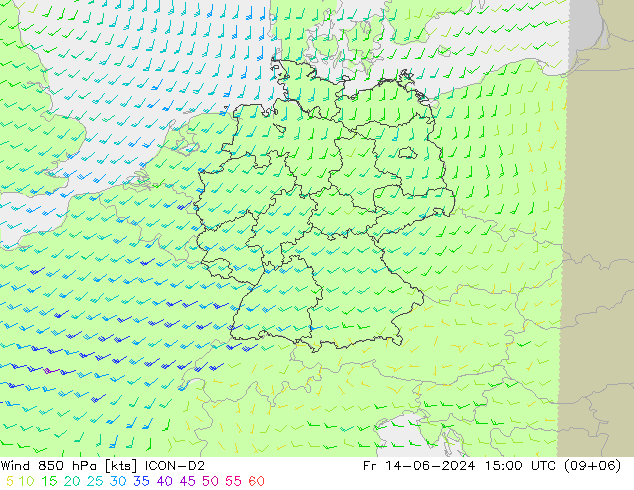 Vent 850 hPa ICON-D2 ven 14.06.2024 15 UTC