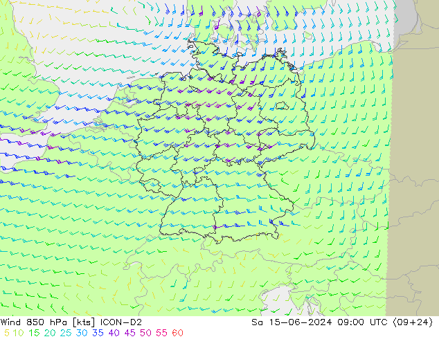 Wind 850 hPa ICON-D2 Sa 15.06.2024 09 UTC