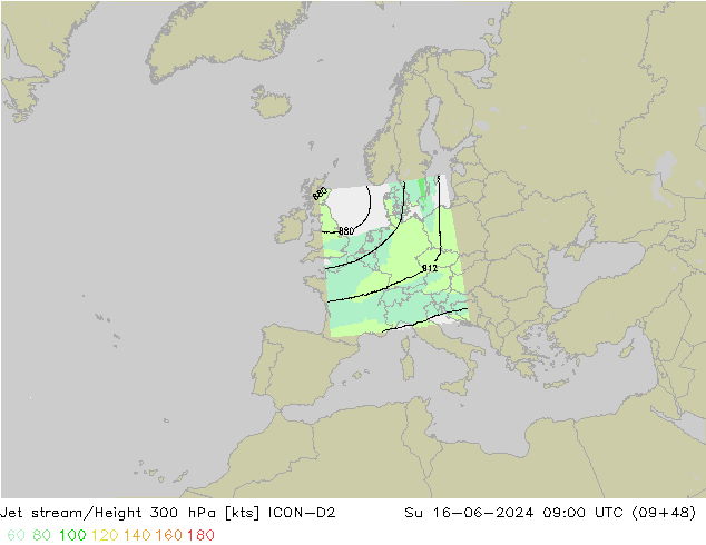 Jet stream/Height 300 hPa ICON-D2 Su 16.06.2024 09 UTC