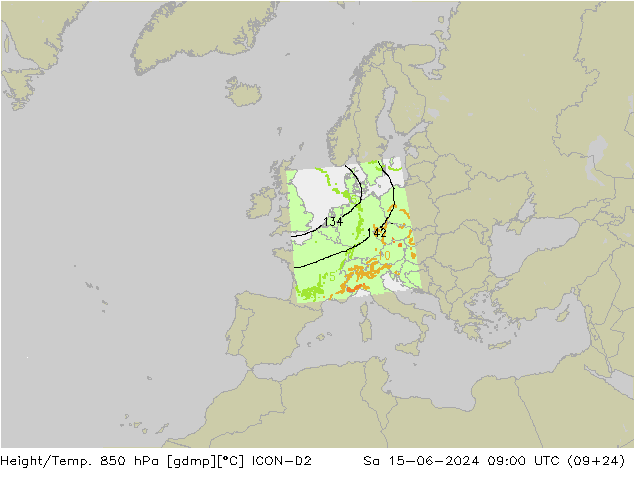 Hoogte/Temp. 850 hPa ICON-D2 za 15.06.2024 09 UTC