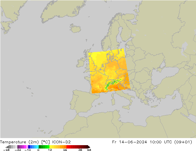 Temperature (2m) ICON-D2 Fr 14.06.2024 10 UTC