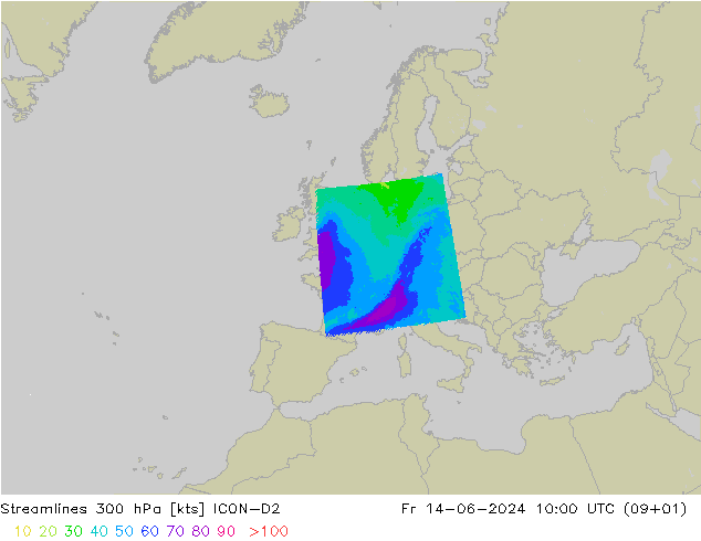 Linia prądu 300 hPa ICON-D2 pt. 14.06.2024 10 UTC