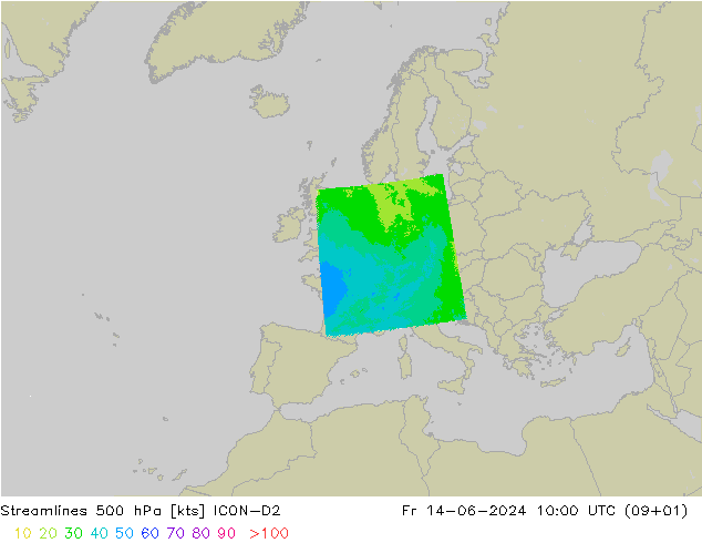 Linia prądu 500 hPa ICON-D2 pt. 14.06.2024 10 UTC