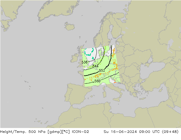 Height/Temp. 500 hPa ICON-D2 dom 16.06.2024 09 UTC
