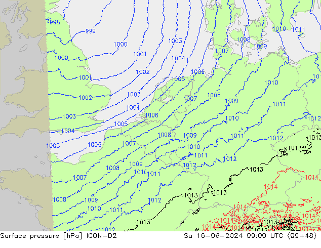 Surface pressure ICON-D2 Su 16.06.2024 09 UTC