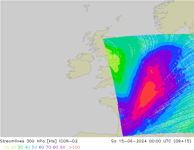 Stroomlijn 300 hPa ICON-D2 za 15.06.2024 00 UTC