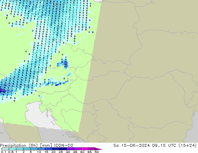 Precipitação (6h) ICON-D2 Sáb 15.06.2024 15 UTC
