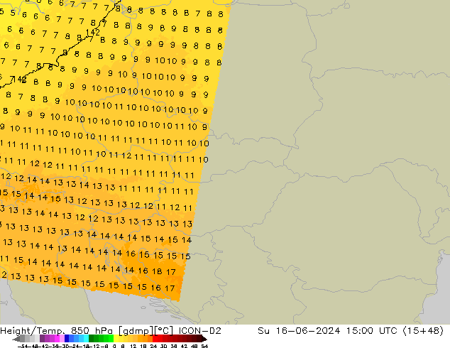 Height/Temp. 850 hPa ICON-D2  16.06.2024 15 UTC