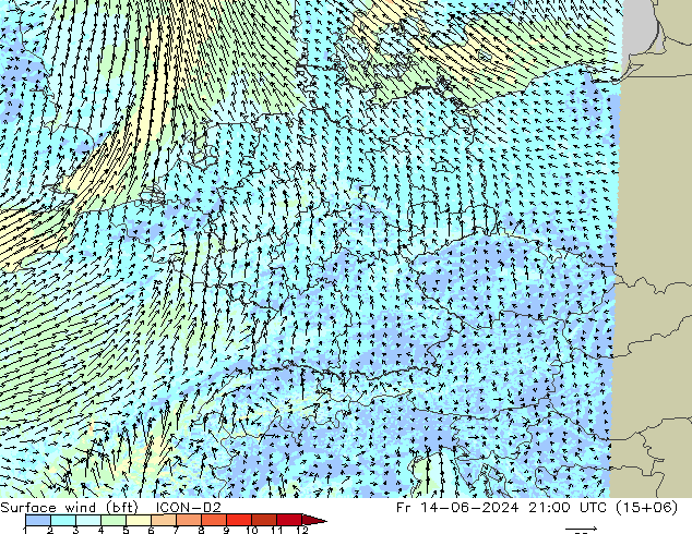  10 m (bft) ICON-D2  14.06.2024 21 UTC