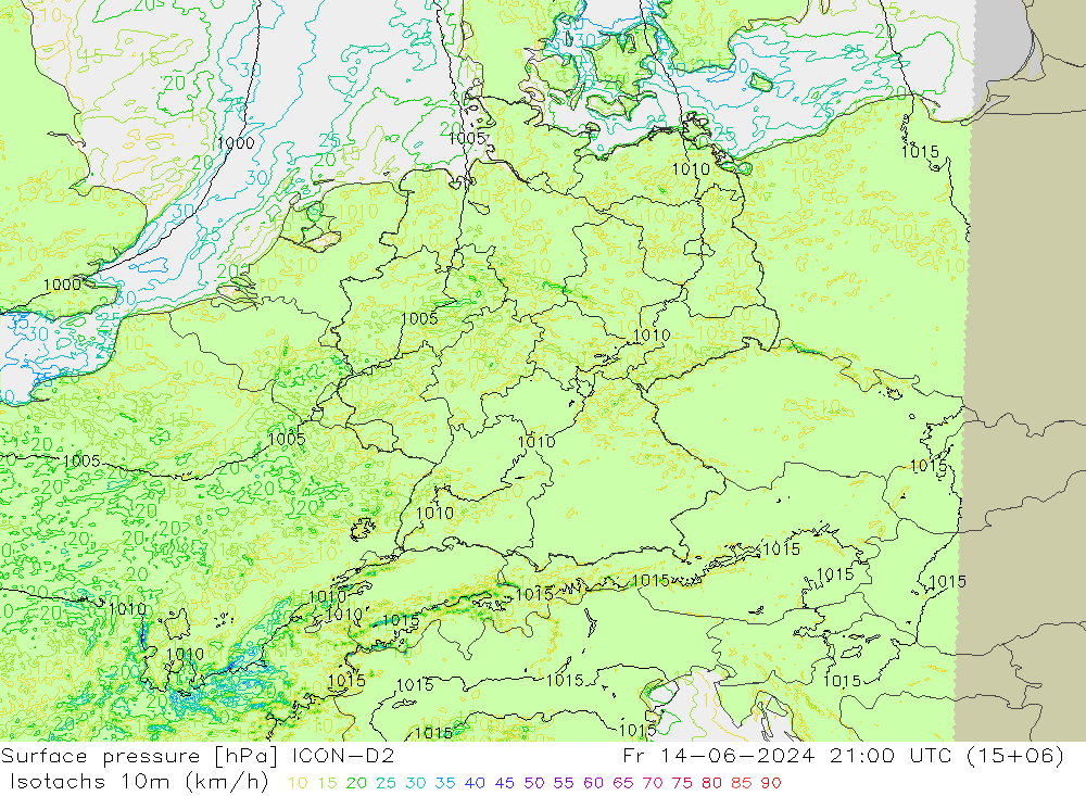 Isotachs (kph) ICON-D2 пт 14.06.2024 21 UTC