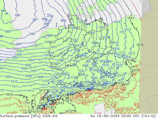 Presión superficial ICON-D2 sáb 15.06.2024 03 UTC