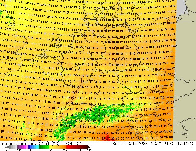 Temperature Low (2m) ICON-D2 Sa 15.06.2024 18 UTC