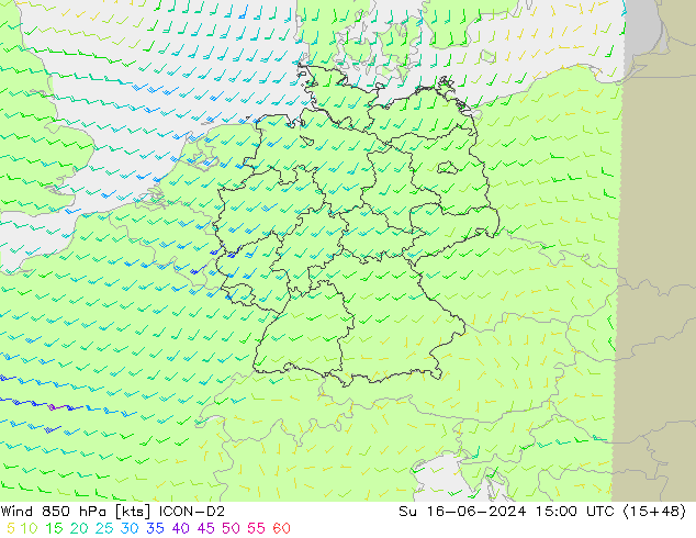 Wind 850 hPa ICON-D2 zo 16.06.2024 15 UTC