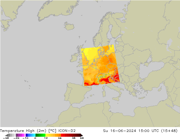 Nejvyšší teplota (2m) ICON-D2 Ne 16.06.2024 15 UTC