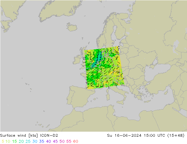 Surface wind ICON-D2 Su 16.06.2024 15 UTC