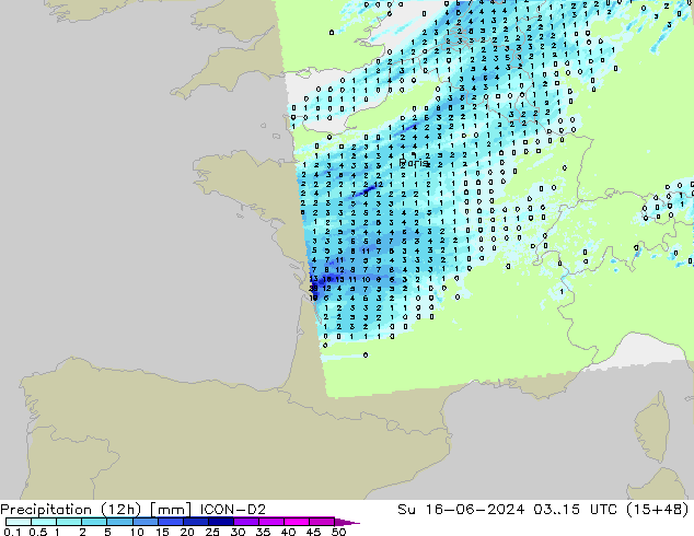 Yağış (12h) ICON-D2 Paz 16.06.2024 15 UTC