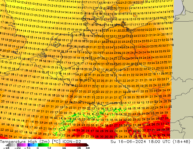 Temperature High (2m) ICON-D2 Su 16.06.2024 18 UTC