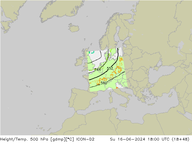 Hoogte/Temp. 500 hPa ICON-D2 zo 16.06.2024 18 UTC