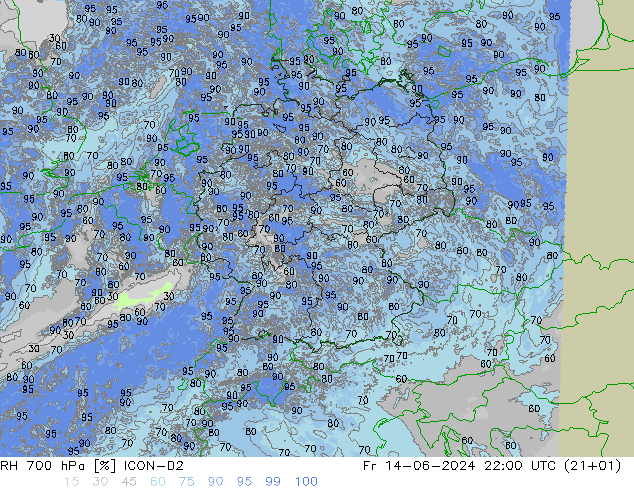 Humedad rel. 700hPa ICON-D2 vie 14.06.2024 22 UTC