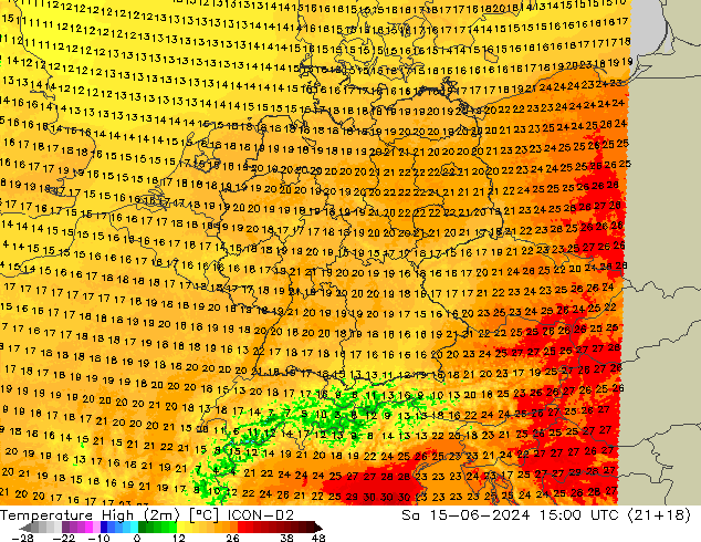 Max.temperatuur (2m) ICON-D2 za 15.06.2024 15 UTC