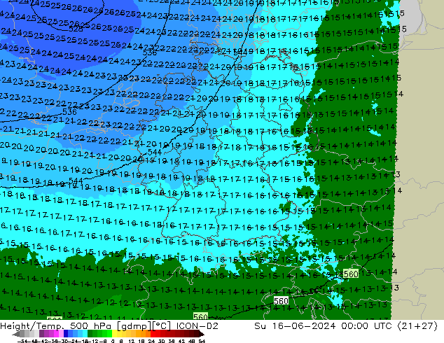 Height/Temp. 500 hPa ICON-D2 Su 16.06.2024 00 UTC