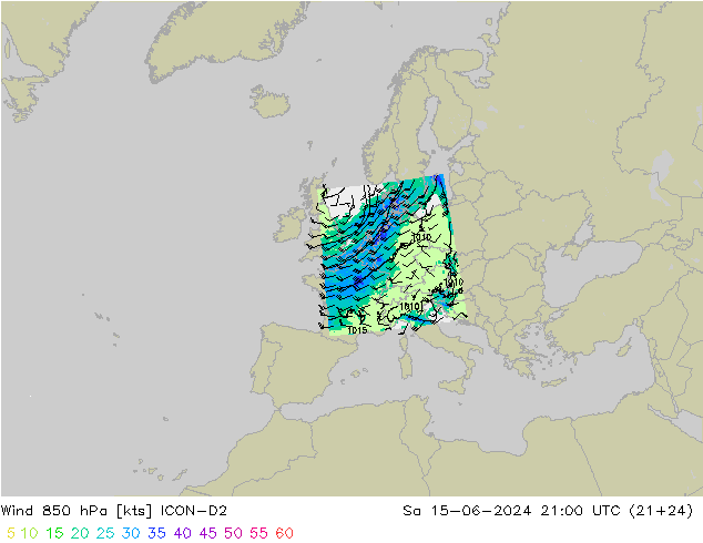 Wind 850 hPa ICON-D2 Sa 15.06.2024 21 UTC