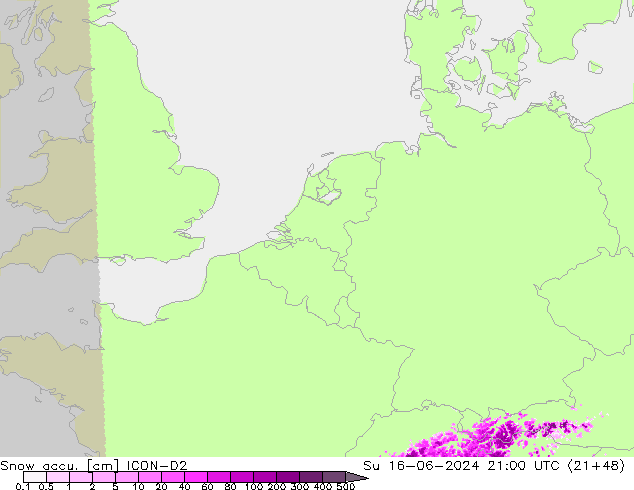 Totale sneeuw ICON-D2 zo 16.06.2024 21 UTC