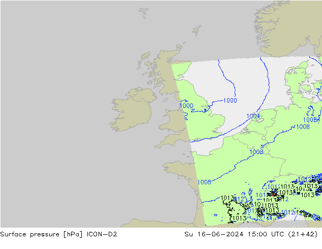 Surface pressure ICON-D2 Su 16.06.2024 15 UTC