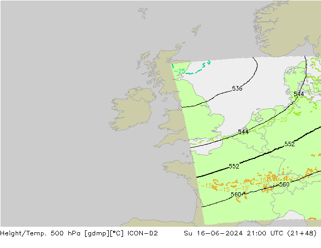 Hoogte/Temp. 500 hPa ICON-D2 zo 16.06.2024 21 UTC