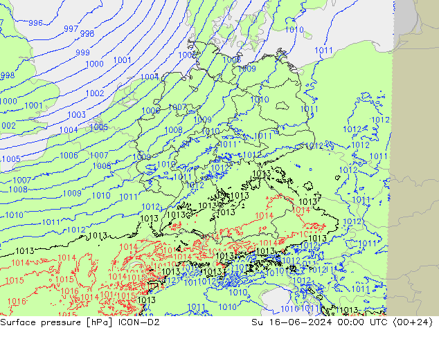 Surface pressure ICON-D2 Su 16.06.2024 00 UTC