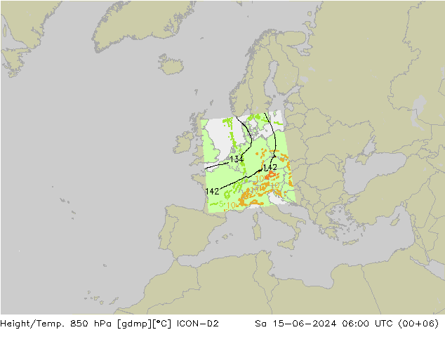Géop./Temp. 850 hPa ICON-D2 sam 15.06.2024 06 UTC