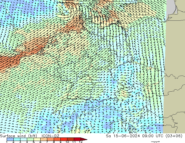 Surface wind (bft) ICON-D2 Sa 15.06.2024 09 UTC