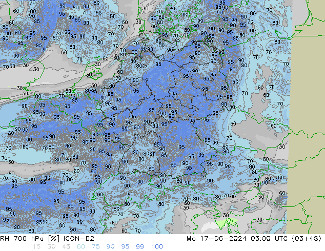 RH 700 hPa ICON-D2 Po 17.06.2024 03 UTC