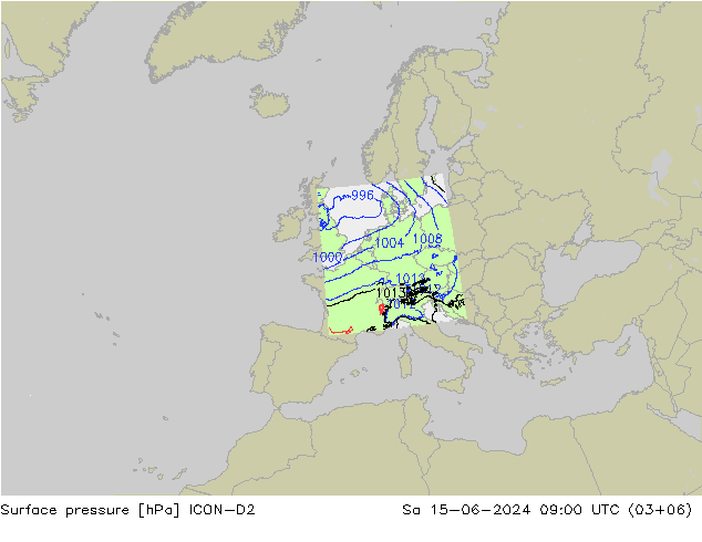Presión superficial ICON-D2 sáb 15.06.2024 09 UTC