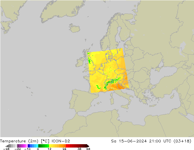 Temperatura (2m) ICON-D2 sab 15.06.2024 21 UTC