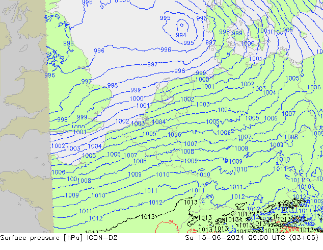 Surface pressure ICON-D2 Sa 15.06.2024 09 UTC