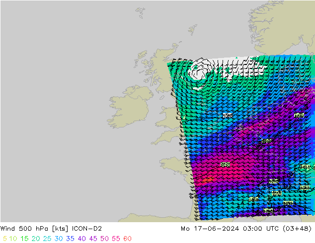 Rüzgar 500 hPa ICON-D2 Pzt 17.06.2024 03 UTC