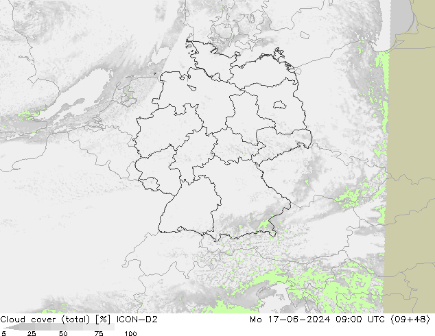 Cloud cover (total) ICON-D2 Mo 17.06.2024 09 UTC